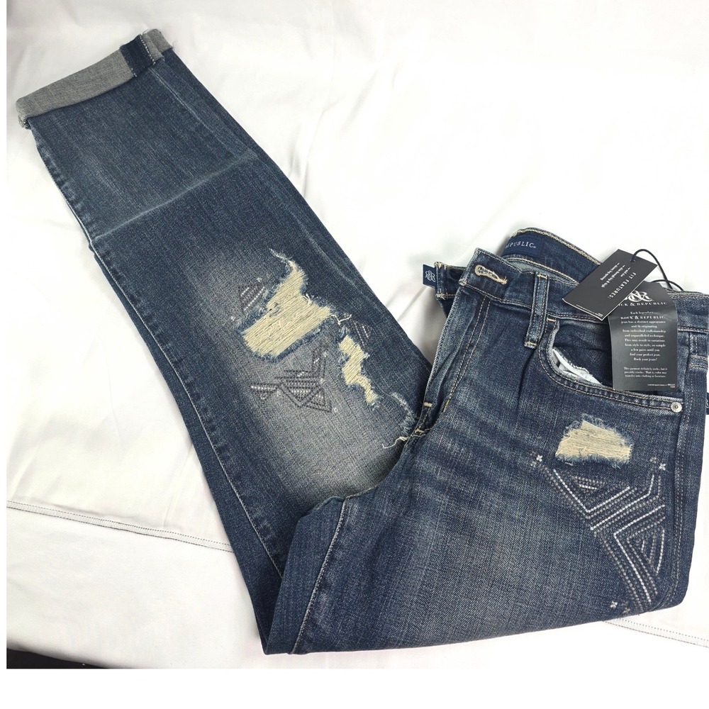 Rock & Republic Kassandra Skinny Jeans Distressed Embroidered Medium Wash Denim